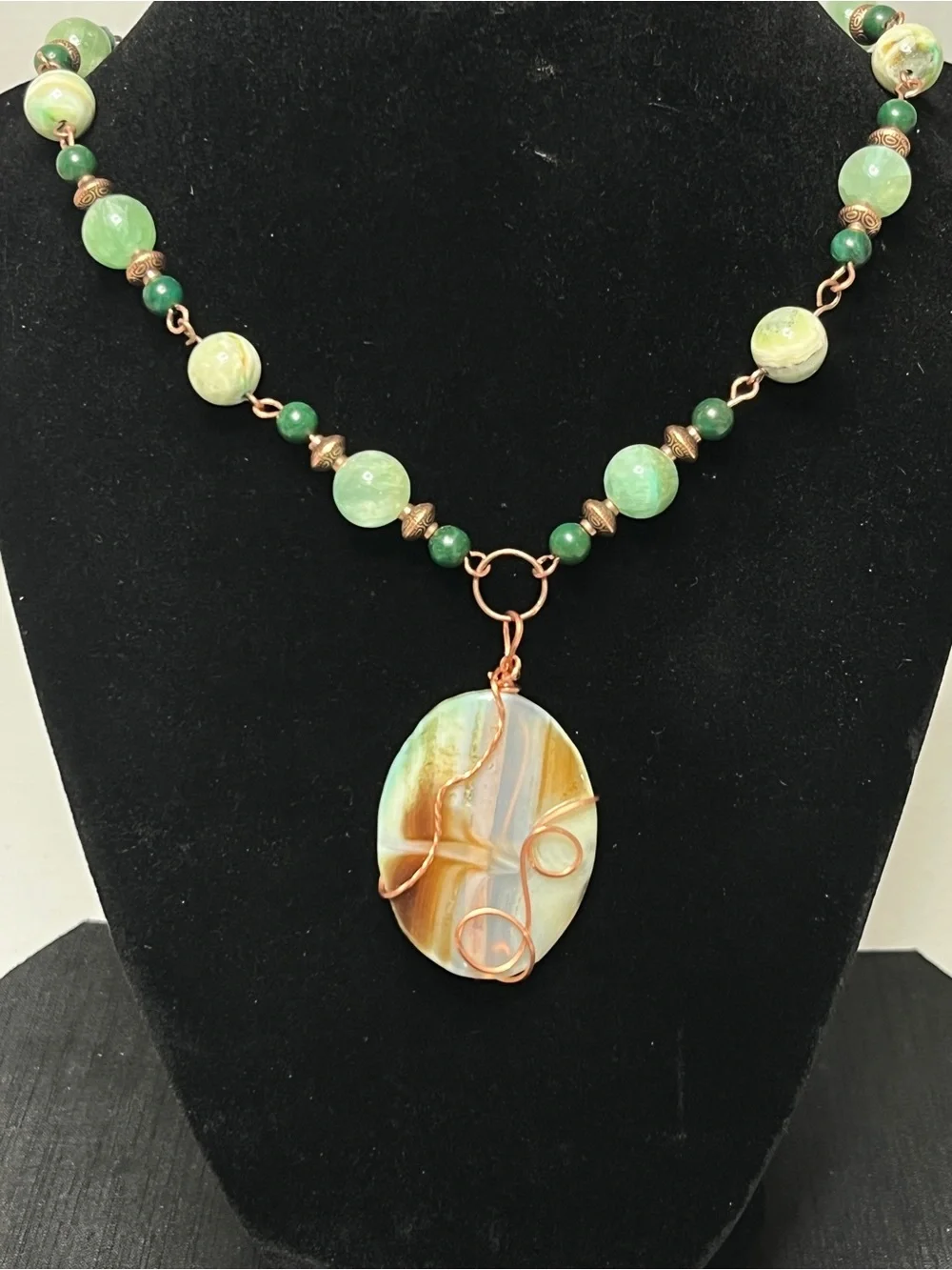 Copper Wire Wrapped Agate Cabochon Bead Pendant Necklace Matching Earrings